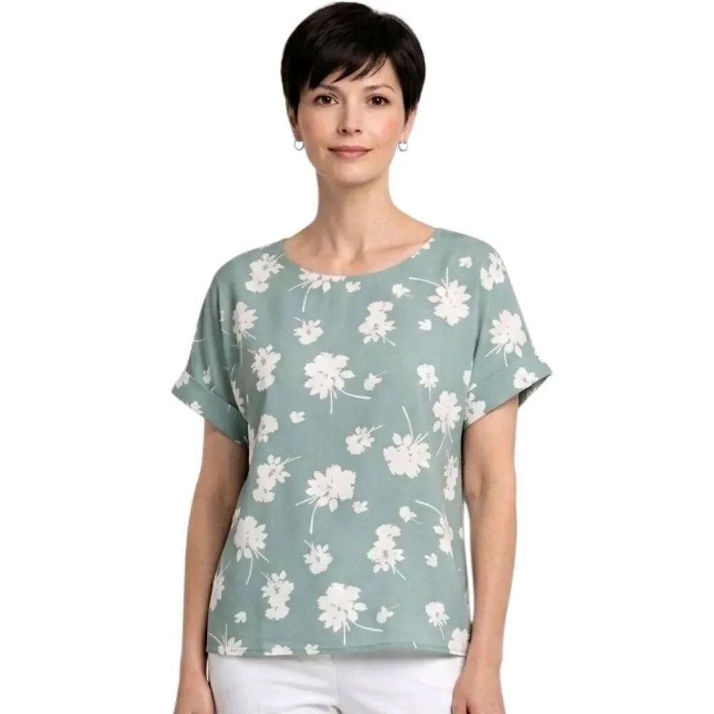 Melloday Sage Green & White Floral Print Short Sleeve Blouse Size XL NWOT